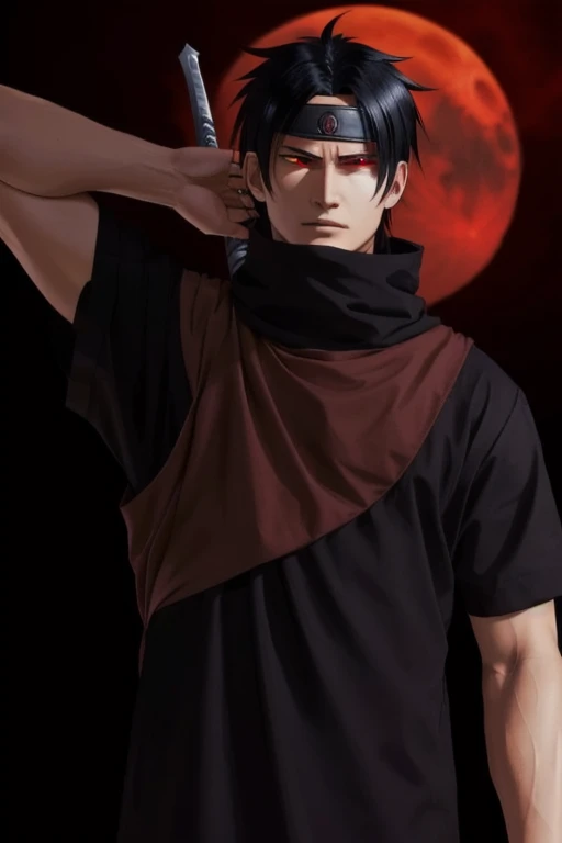 a close up of a person holding a sword in front of a red moon, shisui uchiha, hes very menacing and evil, by Shingei, tall, red eyes