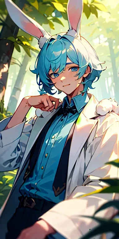 (masterpiece, best quality) young man with a white bunny tail with white curly hair with blue tips and blue eyes, The shirt that covers his chest only, cute face, cute soft young man. Bunny ear, bunny tails, smile soft. Background forest. Young man in fore...