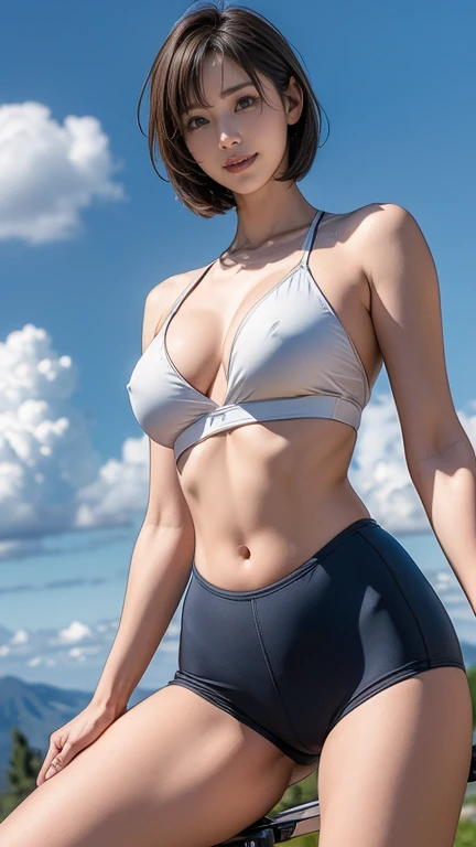  (girl, 22 years ago, same height :1.2) ,masterpiece，Mountain bike，cycling enthusiast，beautiful 、girl riding a bicycle、often play sports、bikini pants、not wearing underwear、blue sky and white clouds，8K,  japanese girl ,  (smile:0.7), smile,  very short hair...