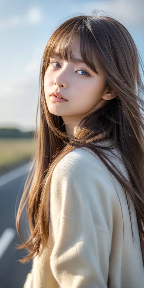 ((hair blowing in the wind、no makeup:1.2))、(realistic、Photoreal、Super detailed、best detailed skins、highest quality、masterpiece、超A high resolution)、cute russian woman、14 years、high school girl、young girl、1 girl、have bangs、ash blonde:1.7、double eyelid、drooli...