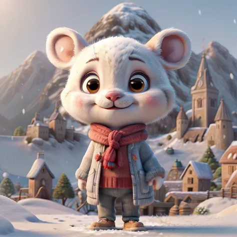 Cute cartoon mouse，Brown pupils，Bright eyes，Smile，Wearing a white down jacket，Red scarf，Stand in front of the castle，Snow-capped mountains in the distance，((best quality)), ((masterpiece)), (detailed), Perfect face