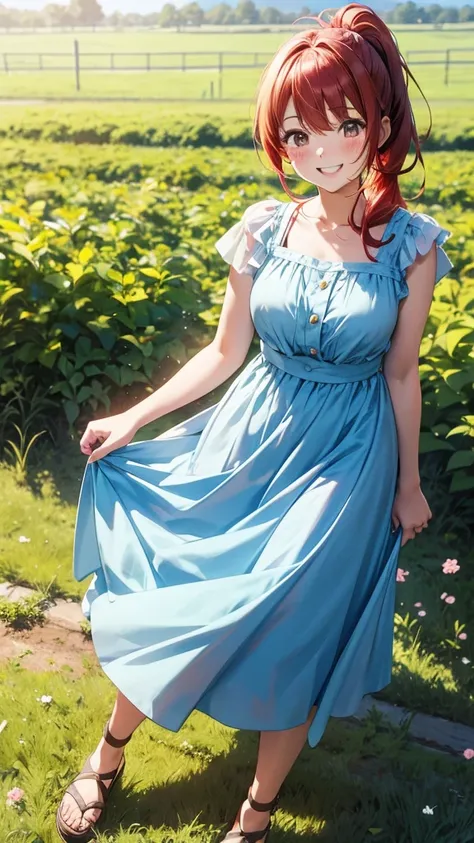 ore no imouto ga konna ni kawaii wake ga nai, 25-yers-old girl with crimson red hair- pulled up into twin ponytails, wearing a blue sundress, country field background, smiling, walking 