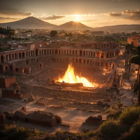 vesuvius erupts, incandescent lava submerges pompeii. roman ruins and wasted colosseum. dawn over ancient pompeii, ancient rome,...