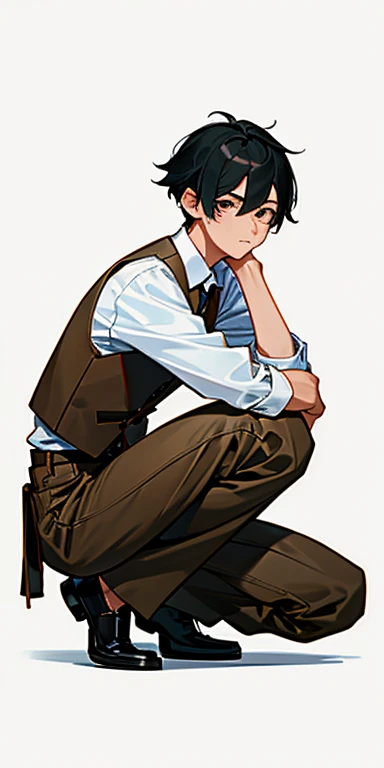 boy,  White Shirt,  Brown vest, Black Hair,  Beautiful Face,  sight,  Simple Background, whole body, Slender, squat, Leather shoes