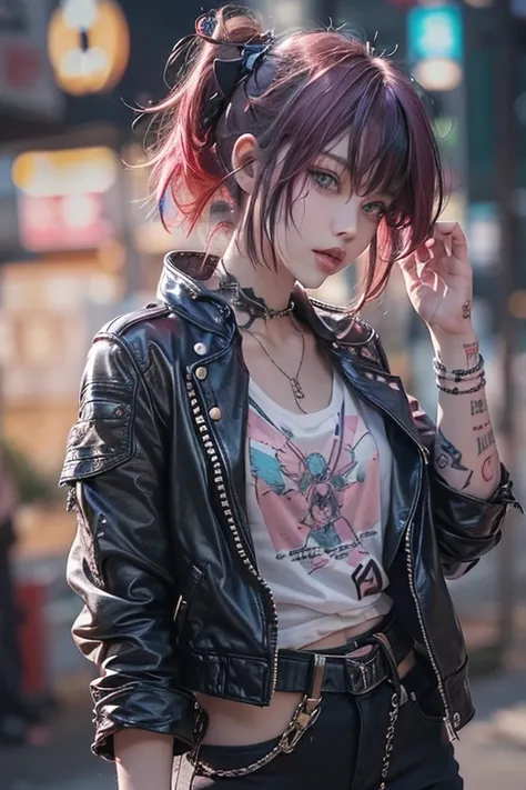 punk girl、Tosaka、No mohawk sleeves、The tattoo、head phone、🎧、goth_punk, 1girl in, solo, medium shot, Walking in Harajuku, ((during night)), bokeh dof, Neon light, Iridescent eyes, starrysky, red glowing hair, Black eyebrows, Radiant hair, (iridescent red hai...