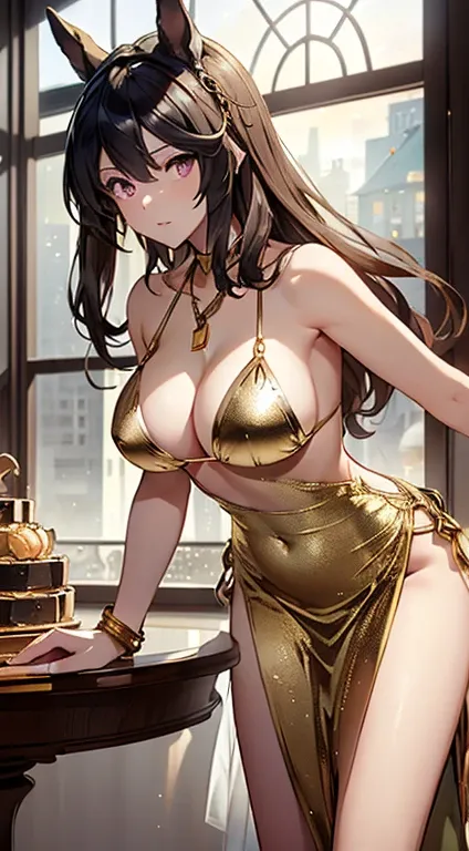 top-quality、Top image quality、symboli rudolf (umamusume)、​masterpiece、girl with((20yr old、Best Bust、big bast、Bust 85、Breasts wide open、A slender、Large valleys、Gold Bikini、Gold Dress,Leaning forward、Reflecting the whole body)）hiquality、Beautiful Art、Backgro...