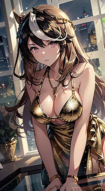 top-quality、Top image quality、symboli rudolf (umamusume)、​masterpiece、girl with((20yr old、Best Bust、big bast、Bust 85、Breasts wide open、A slender、Large valleys、Gold Bikini、Gold Dress,Leaning forward、Reflecting the whole body)）hiquality、Beautiful Art、Backgro...