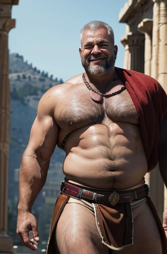  A shirtless Spartan warrior obese full body bodybuilder with a very oiled body a sweaty smiling old man with a shaved head and extremely muscular and extremely fat over 70 years old weighing over 600 pounds very muscular very hairy, large pectorals with d...