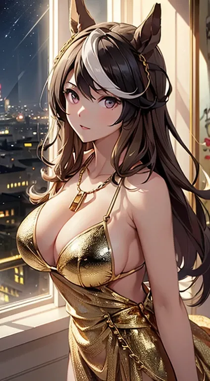 top-quality、Top image quality、symboli rudolf (umamusume)、​masterpiece、girl with((20yr old、Best Bust、big bast、Bust 85、Breasts wide open、A slender、Large valleys、Gold Bikini、Gold Dress,Leaning forward、Reflecting the whole body)）hiquality、Beautiful Art、Backgro...