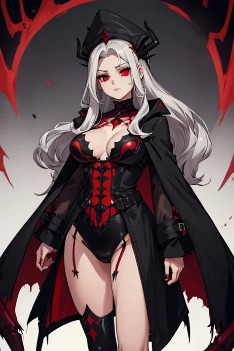 female, silver long hair with black highlights, red eyes, (((1girl))), (((black gothic coat with red spiders))), arachne, spider legs, cute and sexy, large breasts