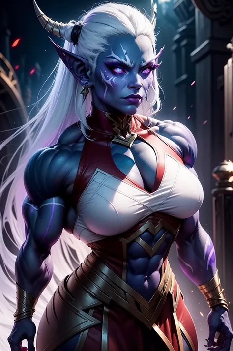 1girl, female, bodybuilder, muscular, shenightborne, purple skin, facepaint, glowing eyes, ear piercings, long white hair, red d...