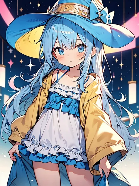 kawaii shota,light blue witch clothes hat,light blue long loose hair,Choose a swimsuit at a department store,shy,