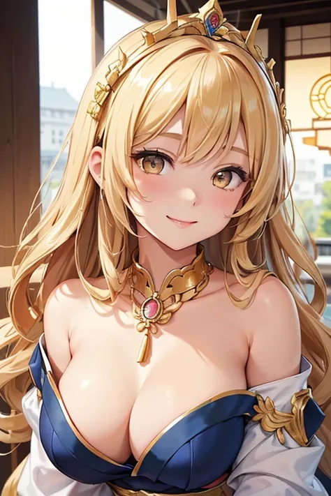 ​masterpiece、top-quality、(Blonde colored long hair、I have bangs:1.1)、(25 year old woman)、 (gold eyes:1.5)、(wearing a gold off-shoulder dress:1.2)、(Emphasis on the chest:1.1)、(modest smile expression:1.3)、(Staring:1.5)、(Close-up of the subjects face:1.3)、st...