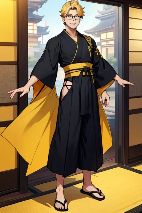 male, blonde short hair, blue eyes, (((1boy))), (((black ankle length kimono with yellow trim))), (black hakama pants), (sandals), (red sash), (glasses), smiling