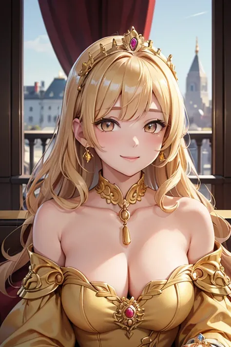 ​masterpiece、top-quality、(Blonde colored long hair、I have bangs:1.1)、(25 year old woman)、 (gold eyes:1.5)、(wearing a gold off-shoulder dress:1.2)、(Emphasis on the chest:1.1)、(modest smile expression:1.3)、(Staring:1.5)、(Close-up of the subjects face:1.3)、st...