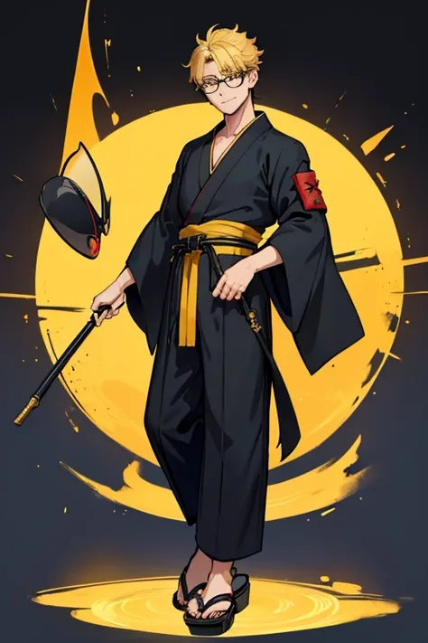 male, blonde short hair, blue eyes, (((1boy))), (((black ankle length kimono with yellow trim))), (black hakama pants), (sandals), (red sash), (glasses), smiling