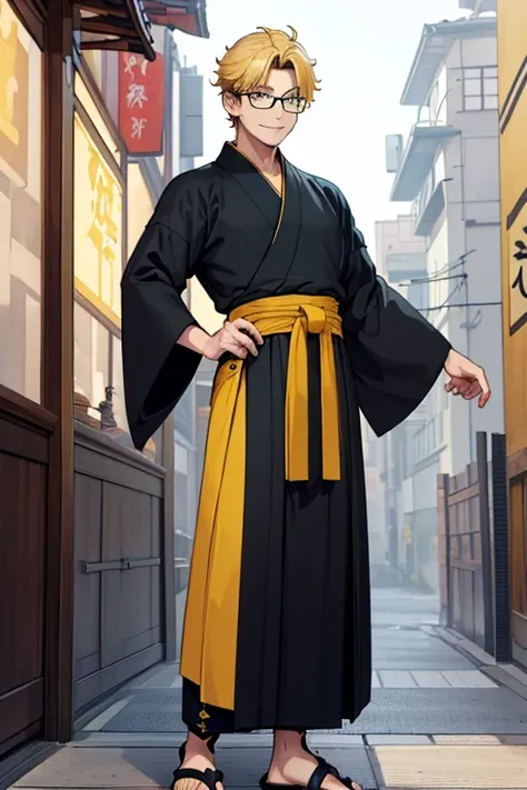 male, blonde short hair, blue eyes, (((1boy))), (((black ankle length kimono with yellow trim))), (black hakama pants), (sandals), (red sash), (glasses), smiling