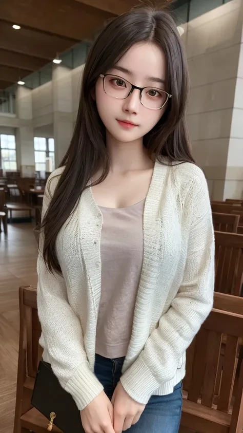 masterpiece, best quality, Extremely detailed CG Unity 8K wallpaper,
A beautiful girl, read,
university student, Glasses,
library, Detailed background,