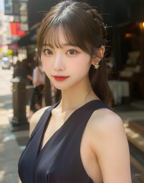 Tabletop, highest quality, In detail, High resolution, Professional photos taken with Nikon、8k wallpaper, Perfect dynamic composition, Beautiful fine details、Wear sunglasses、There is a woman posing for a photo wearing a blue dress, Dilraba Dilmurat, Young ...