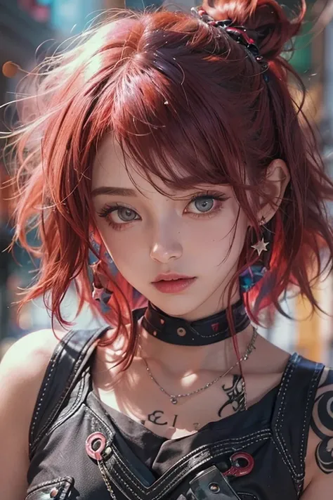 Sleeveless、The tattoo、bright red、Really red、Red、Red-haired、rot、red hairs、head phone、🎧、goth_punk, 1girl in, solo, medium shot, Walking in Harajuku, ((during night)), bokeh dof, Neon light, Iridescent eyes, starrysky, red glowing hair, Black eyebrows, Radian...