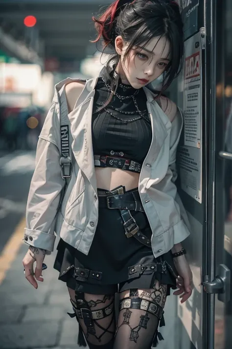 top-quality、8K、​masterpiece：1.3、Gothic punk、Red inner color、A grey dark-haired、hair adornments、a beauty girl、creative、punk style、Neogos、Goth Fashion：0.8、hight resolution、​masterpiece、top-quality、headw:1.3、((Hasselblad photo))、Fine-grained skin、Sharp Focus、...