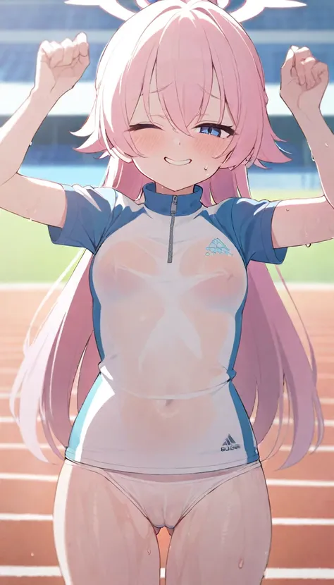 NSFW, Hoshino, Hoshino_Blue_Archive, sport clothes, sweaty, one eye red other yellow, bangs, visible eyes, bright smile, standing, sports field, see through clothes, breasts, hands up, smug, no underwear, really tight clothes, labia Majora, cameltoe