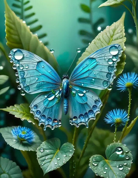 transparent water drops,cute,smile,happy blue butterfly,whole body,dynamic posture,background is green plants