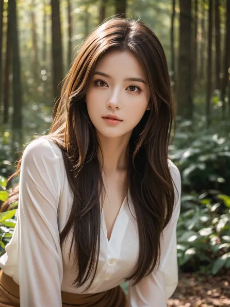 best qualtiy, masterpiece, (realistic:1.6), raw photograph, 1girl, portrait, deep shading, low tune, soft light, looking to the camera, Sexy look, long brown hair, day outdoor, forest background, deers,

