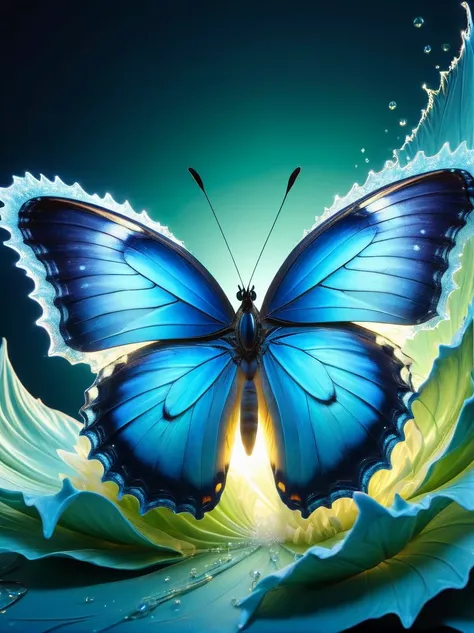 high resolution, ultra detailed, (1 blue butterfly:1.6),（lotus），dynamic light wavesbreaksunlight, reverberation, experimental ph...