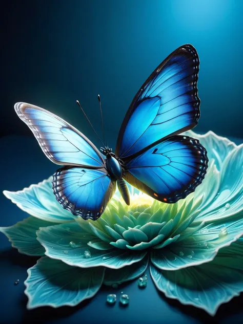 high resolution, ultra detailed, (1 blue butterfly:1.6),（lotus），dynamic light wavesbreaksunlight, reverberation, experimental ph...