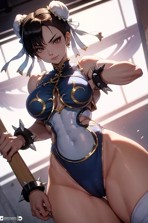 chun li belo corpo,mulher jovem,short black hair , badass , colan,May,coxas torneadas,Evil Smile,juri han,chifres de cabelo,detalhes do corpo,low yellow lighting,raios de luz belo corpo detalhado
