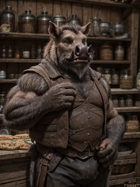 Wild Boar，uncle，male，Mature men，strong，Brown vest，Black pants，Store owner，medieval shop（Detailed background:1.2),High Detail, Film Photography, RAW Video, Practical, Analog style, best quality, ultra Practical, 8k, (through fiddler tarant),