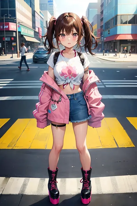 Anime style illustration of a young girl with brown hair in twin tails tied with pink ribbons, wearing a vivid cropped top, denim miniskirt, and platform boots. She has large earrings and multiple bracelets, sparkling in the sunlight. Her expression is mor...