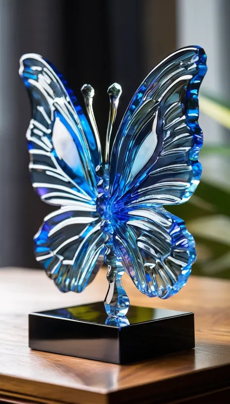 A detailed, beautiful statue of a blue butterfly made of crystal glass, with the light reflecting off its delicate wings.