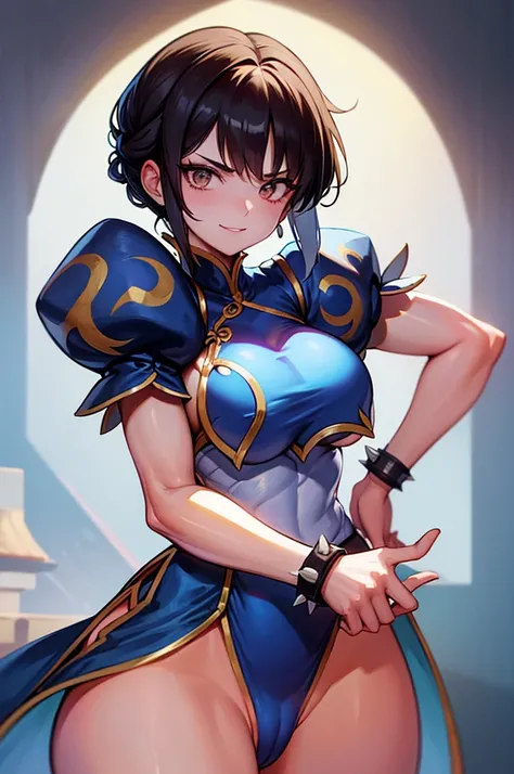 chun li belo corpo,mulher jovem,short black hair , badass , colan,May,coxas torneadas,Evil Smile,chifres de cabelo,detalhes do corpo,low yellow lighting,raios de luz belo corpo detalhado
