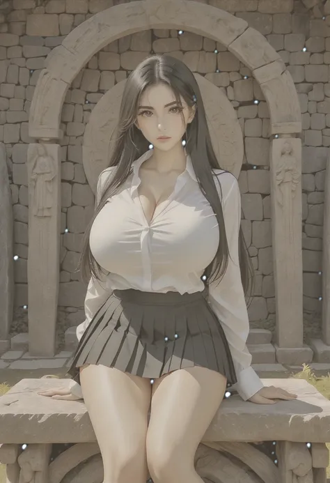 Italian girl, 25 years old, very long black hair, gigantic breasts, thin, wearing a white shirt and a pleated black miniskirt, is tied to the altar of a megalithic circle