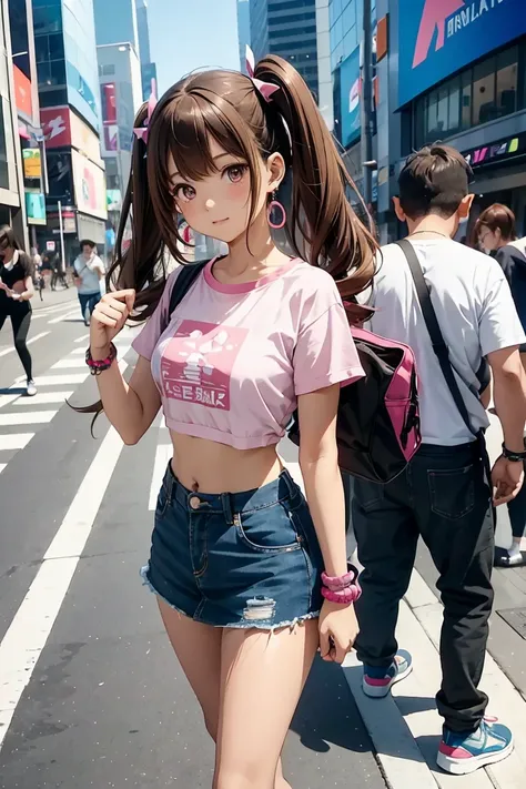 Anime style illustration of a young girl with brown hair in twin tails tied with pink ribbons, wearing a vivid cropped top, denim miniskirt, and platform boots. She has large earrings and multiple bracelets, sparkling in the sunlight. Her expression is mor...