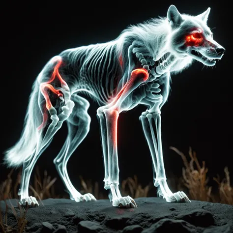 ((wolf skeleton with translucent red fur)) ((4 wolfs standing)) ((translusent skeleton wolfs)) ((pack of translucent wolfs with black skeleton)) a pack of wolves, translucent fur and skin stand out in the night with black skeletons glowing white eyes