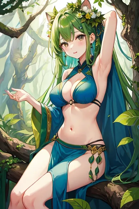 Giant Tree々and brancheysterious Forest, 8k, high quality、Beautiful girl covered in ivy and leaves、Belly button、Leaf clothing、Exposed