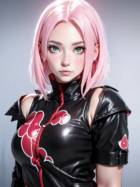 young woman, short shoulder-length pink hair, wide forehead, porcelain skin, pink eyebrows, big emerald green eyes, buttoned nose, full lips, heart-shaped face, slender body, small breasts, leather military green clothing, Sakura Haruno , realistic, Realis...