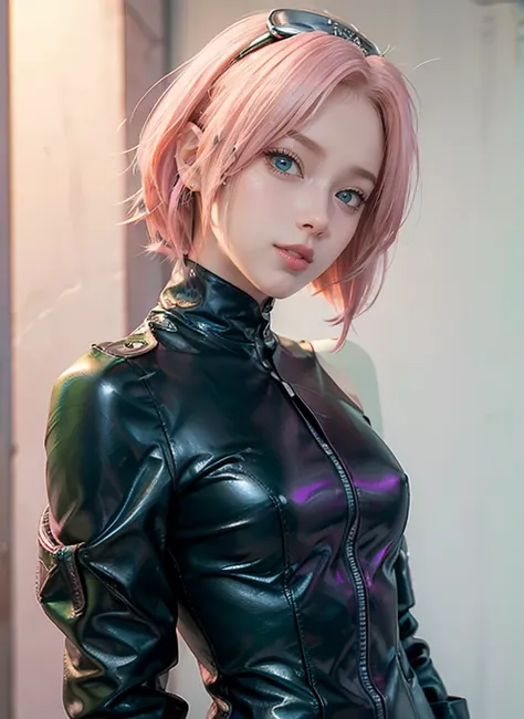 young woman, short shoulder-length pink hair, wide forehead, porcelain skin, pink eyebrows, big emerald green eyes, buttoned nose, full lips, heart-shaped face, slender body, small breasts, leather military green clothing, Sakura Haruno , realistic, Realis...