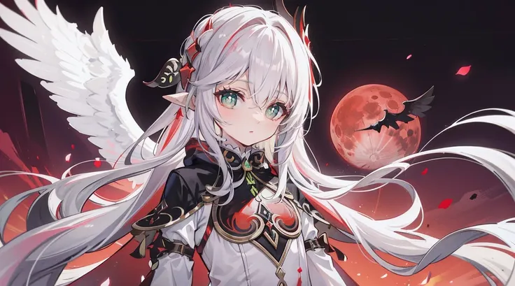 Nahida_Genshin Impact,(white and red gradation hair),Cross in the eye,Default_dress,Blood red cloak,Simple Background，Blood Moon，breath of death，Cold and powerful divinity，Majestic atmosphere,Starry Sky，Devilish smile，The main colors are black and white，Re...