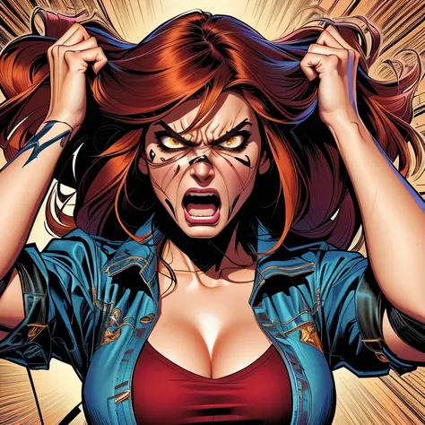 4k, comic babes, a close-up of a woman with a surprised expression on her face, epic comic book style, angry young woman, furious beautiful woman, intense scream expression, angry expression, angry look, comic digital art, anger. hyper detailed, very angry...