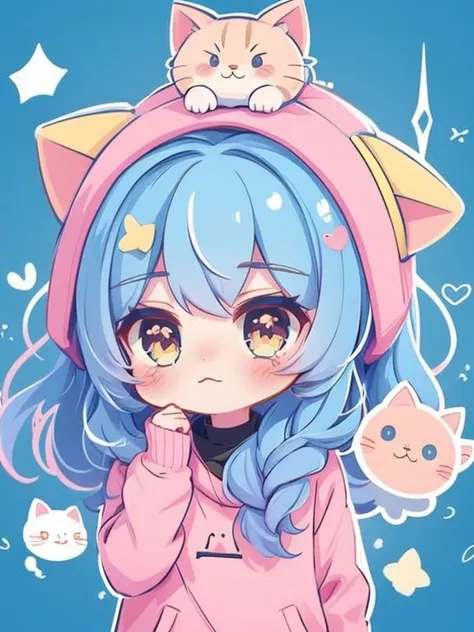 コンピューターデスクに座っているcat ears anime girl，he has a cat on his head, cute anime cat girl, cat ears anime girl, beautiful anime cat girl...