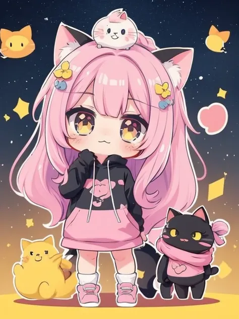 コンピューターデスクに座っているcat ears anime girl，he has a cat on his head, cute anime cat girl, cat ears anime girl, beautiful anime cat girl...