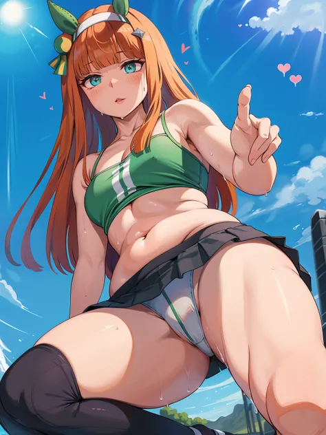 Best image quality、High resolution、masterpiece、super high quality、arena、Run、颯爽とRun、Green bra、Green panties、shout、Sweaty、Showing panties、very short pleated skirt、Heavy breathing、Blushing、4K quality、Spread your legs、Black knee socks dig into the thighy panti...