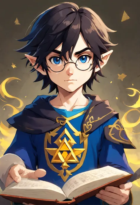 Young half elf wizard boy with wavy black hair with a white strand on the left side of the hair, with heterochromia, un ojo celeste y el otro ojo amarillo, wearing round glasses and with a serious expression, sosteniendo un libro de magia