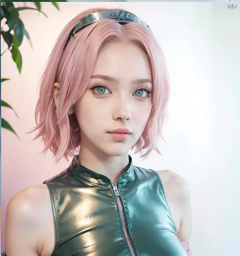 young woman, short shoulder-length pink hair, wide forehead, porcelain skin, pink eyebrows, big emerald green eyes, buttoned nose, full lips, heart-shaped face, slender body, small breasts, leather military green clothing, Sakura Haruno , realistic, Realis...