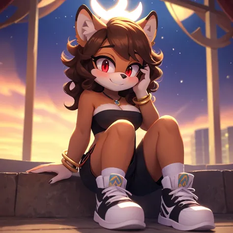 mobian, hedgehog, two-tone fur ((orange fur, brown fur)), pyjama elastic shorts, strapless crop top, cleavage, high-top sneakers, two-tone hair (brown hair, black tip)), curly hair, halo, sunglasses, jewelry, red eyes, longeyelashes, red eyes, smile, shy, ...