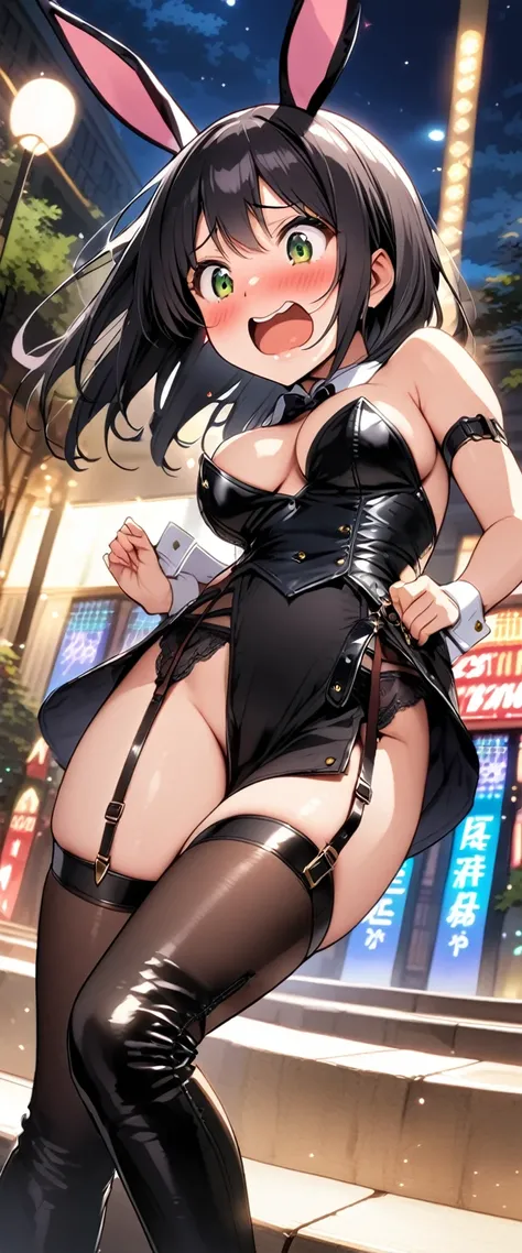 woman,20-year-old,, venue,night,(((Bunny girl))),Laughing with your mouth open((Leather thigh-high boots))(garter belt),((Black Hair)),blush、Surprised face,